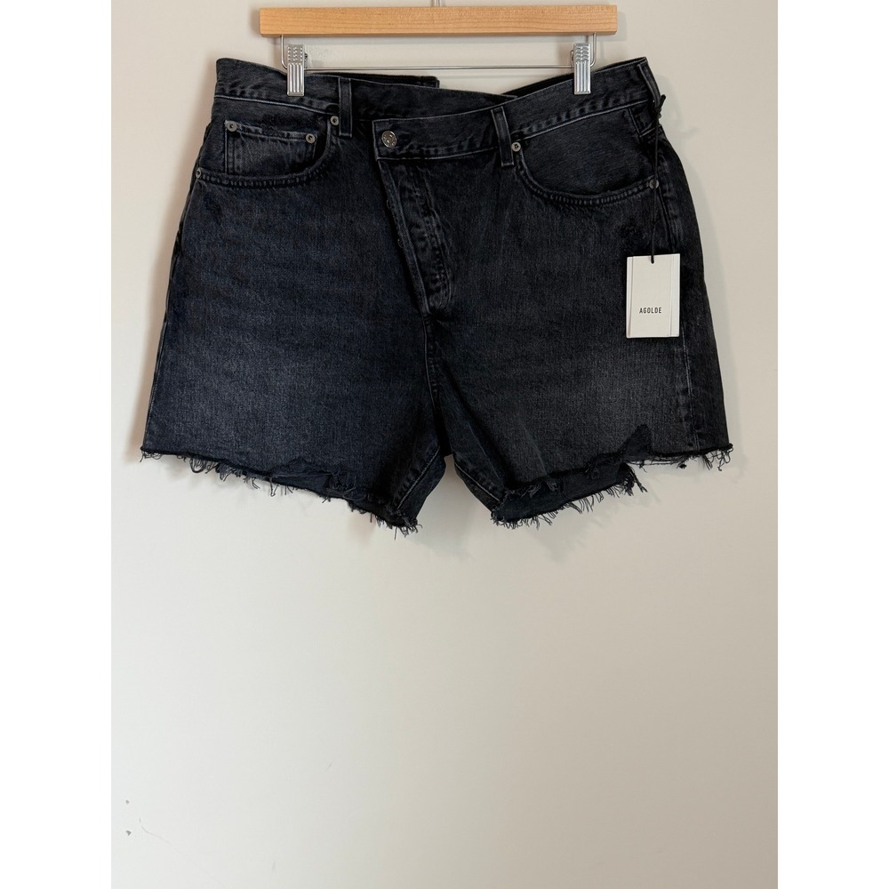 NWT Agolde Criss Cross Short Women 33 Black Suburbia Asymmetrical Raw Hem